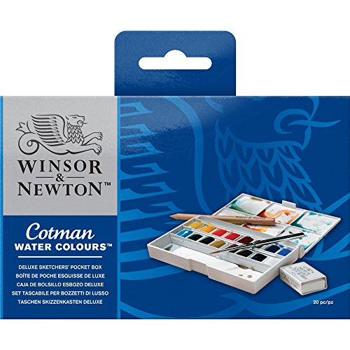 Winsor & Newton 0390060 Cotman Water Colour Paint Deluxe Sketchers' Pocket Box, Set of 16, Half Pans